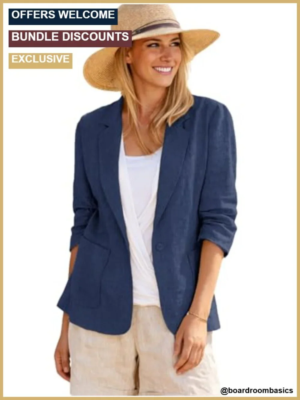Linen Blend Business Casual Blazer with 3/4 Ruched Sleeves